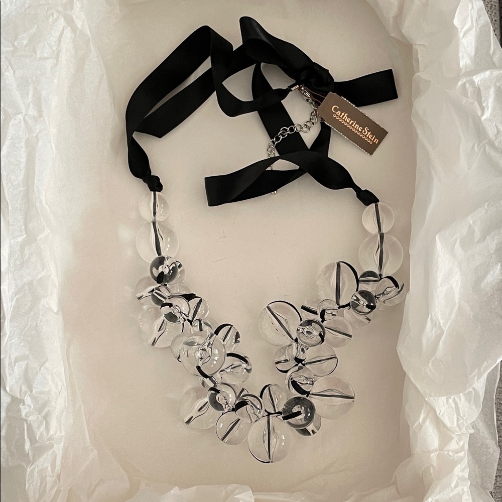 Black ribbon and Clear Bauble Beaded Necklace by Catherine Stein